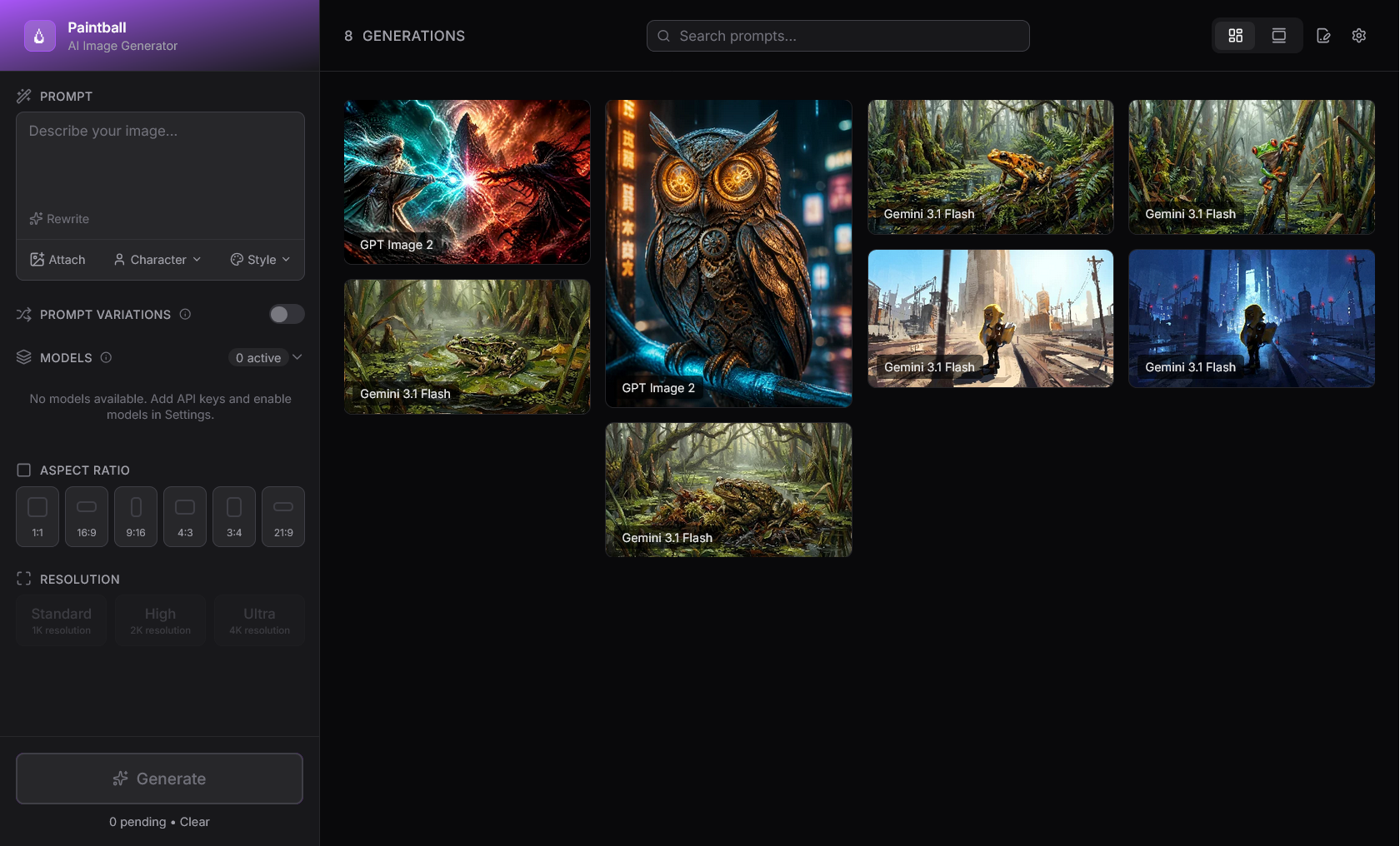 Paintball gallery view: prompt sidebar on the left with model selector, aspect ratio, and resolution controls; masonry gallery of generated images on the right tagged by model.